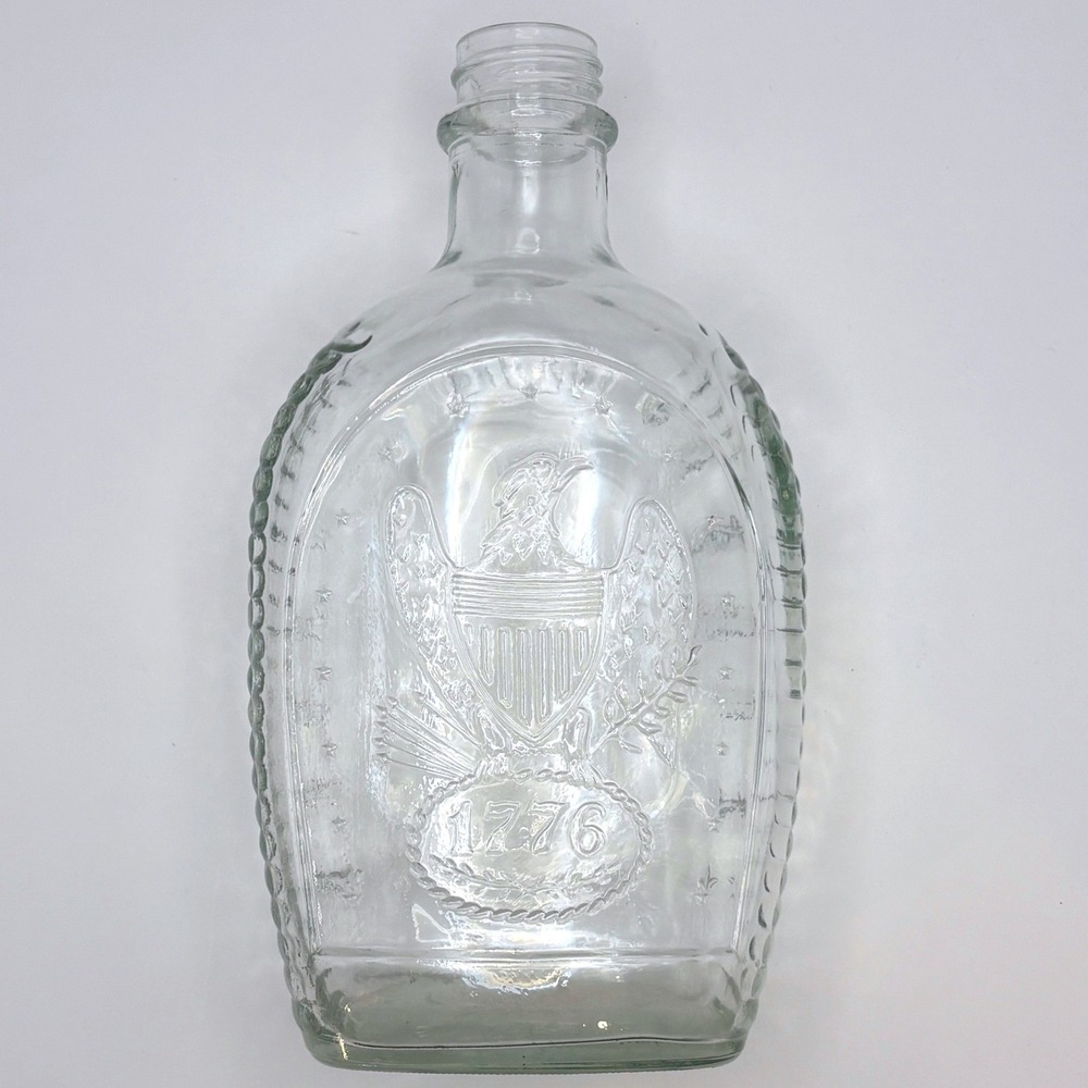 Vtg 1976 Log Cabin Syrup Bottle Clear Glass Patriotic Eagle Bicentennial 1776